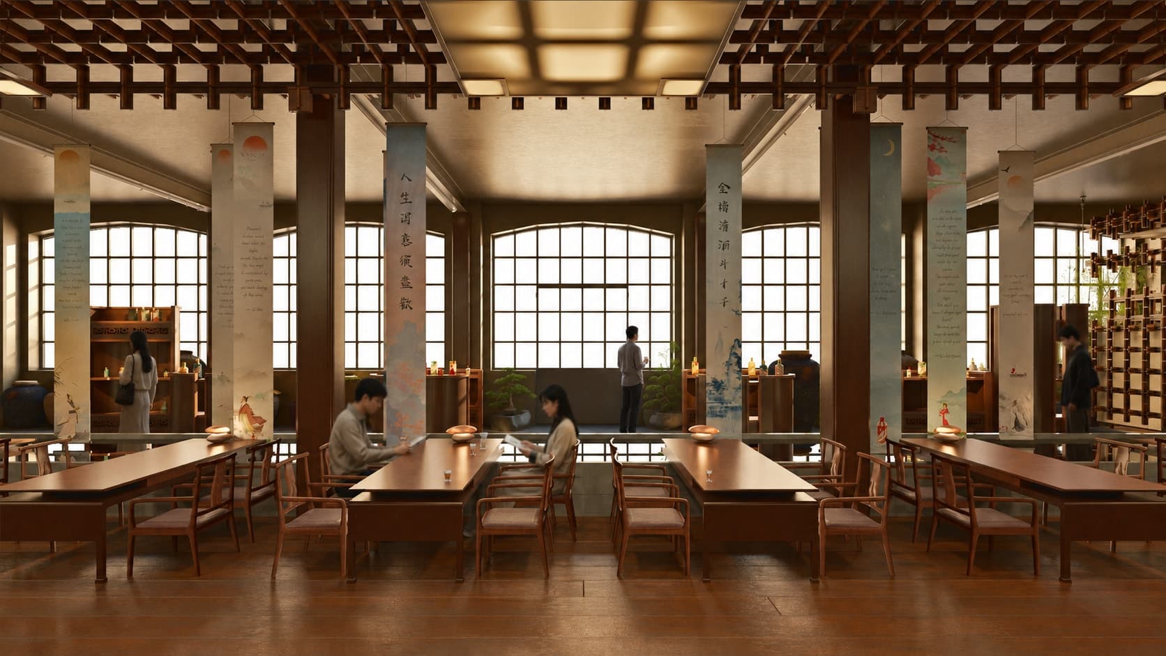 Moutai — the bar hall, long tables between timber columns beneath the factory's tall arched windows